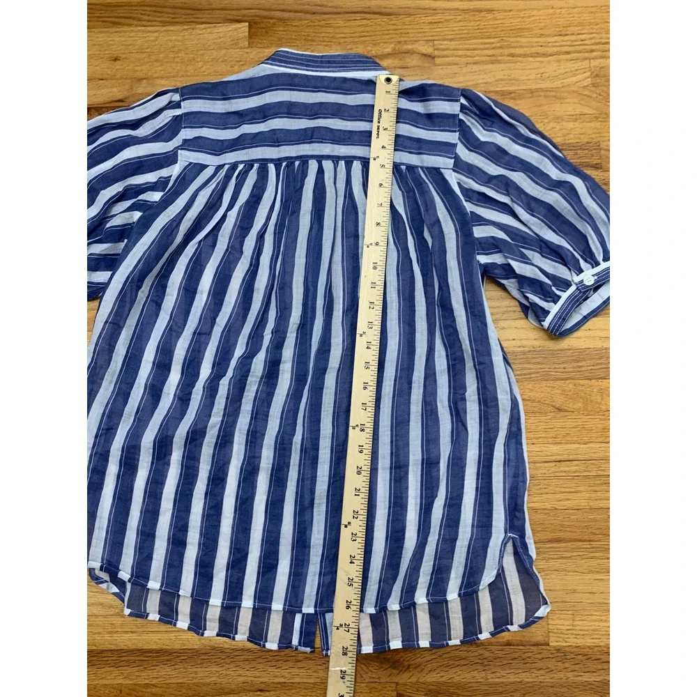 Banana Republic Blue White Striped Ramie Blouse Tall Medium Short Puff Sleeve